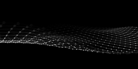 Wave with connecting dots and lines on dark background. Wave of particles. Network connection. Vector illustration.のイラスト素材