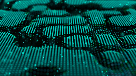 Green computer technology background. Big data visualization. Technology landscape.