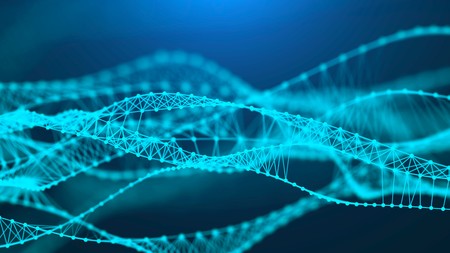 Music abstract blue background. Molecular background with DNA. Network concept with connecting dots and lines. Futuristic technology AI element. Big data visualization. Sound wave. 3d renderingの写真素材