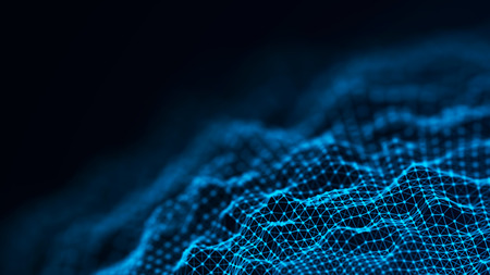 Abstract futuristic background. Wave with connecting dots and lines on dark background. Wave of...