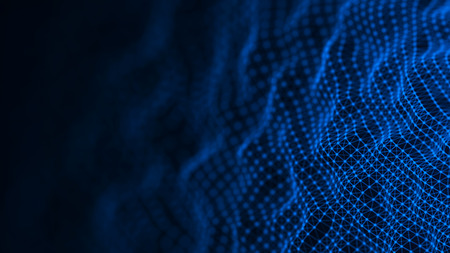 Abstract futuristic background. Wave with connecting dots and lines on dark background. Wave of particles.の写真素材