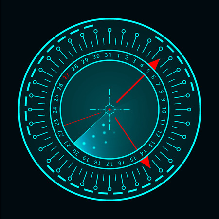 Vector blue radar screen. Military search system. Futuristic HUD radar display. Futuristic HUD interface.のイラスト素材