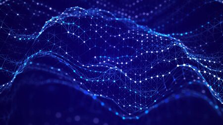 Wave of particles. Futuristic blue dots background with a dynamic wave. 3d rendering.