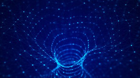 Abstract 3d portal. Tunnel or wormhole. Digital background with connected blue dots. 3d rendering.の写真素材