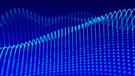 Wave of particles. Futuristic blue dots background with a dynamic wave. 3d rendering.