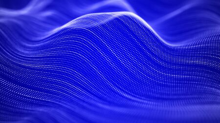 Wave of particles. Futuristic blue dots background with a dynamic wave. 3d rendering.の写真素材