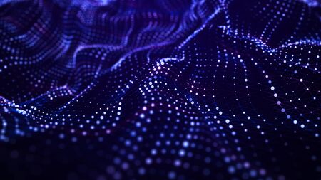 Wave of particles. Digital background with connected color dots. 3d rendering.