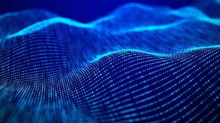 Wave of particles. Futuristic blue dots background with a dynamic wave. 3d rendering.