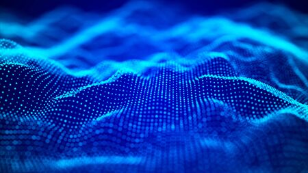 Wave of particles. Futuristic blue dots background with a dynamic wave. 3d rendering.