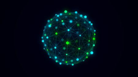 Abstract blue sphere with connecting dots and lines. Wireframe technology sphere. Big data visualization. 3d rendering.の写真素材