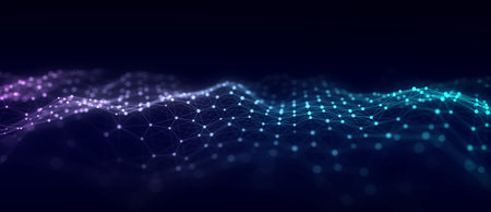 Technology blue hexagon wave of particles and lines. Big data visualization. Analytics...