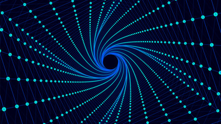 Abstract 3d portal. Circle twisted tunnel or wormhole. Digital background with connected blue dots...