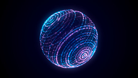 Abstract blue sphere with connecting dots and lines. Wireframe technology sphere. Big data visualization. 3d rendering.の写真素材
