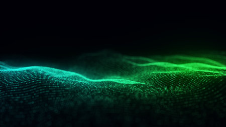 Music color wave of particles and lines. Big data visualization. Abstract blue background with a dynamic wave. 3d rendering.の写真素材