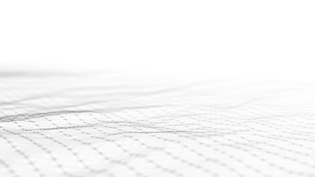 Technology white wave of particles and lines. Big data visualization. Analytics representation. Digital background. 3d rendering.の写真素材