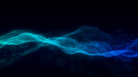 Blue wave of particles and lines. Big data visualization. Abstract background with a dynamic wave....