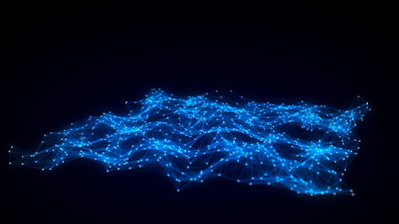 Blue wave of particles and lines. Big data visualization. Abstract background with a dynamic wave....