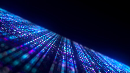 Futuristic blue dots background. Abstract glitch background. Corrupted binary code. Technology of many glowing particles. Artificial intelligence. Big data visualization. 3d rendering.の写真素材