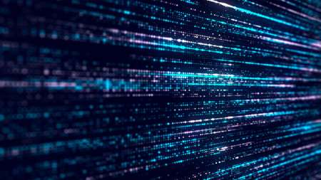 Futuristic blue dots background. Abstract glitch background. Corrupted binary code. Technology of many glowing particles. Artificial intelligence. Big data visualization. 3d rendering.の写真素材