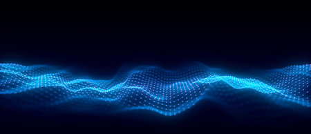 Blue wave of particles and lines. Big data visualization. Abstract background with a dynamic wave. 3d rendering.の写真素材