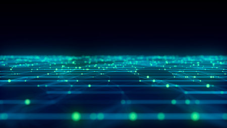 Blue wave of particles and lines. Big data visualization. Abstract background with a dynamic wave. 3d rendering.の写真素材