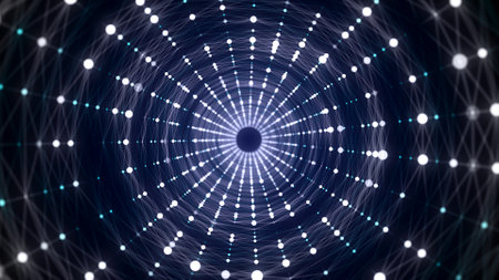 Abstract 3d portal. Circle tunnel or wormhole. Digital background with connected blue dots and...