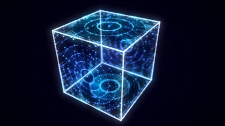 Abstract blue cube with connecting dots and lines. Big data visualization. Blockchain technology concept. Wireframe network connection structure with circle. 3d rendering.の写真素材