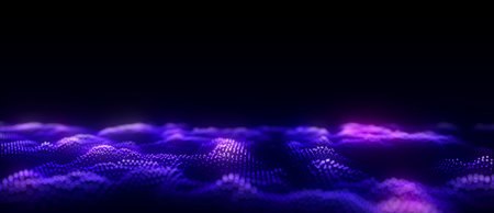 Music color wave of particles and lines. Big data visualization. Abstract blue background with a dynamic wave. 3d rendering.の写真素材