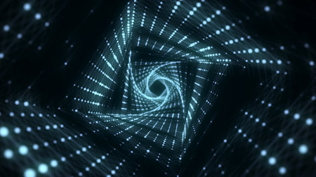 Abstract 3d twisted portal. Square tunnel or wormhole. Digital background with connected green dots. 3d rendering.の写真素材