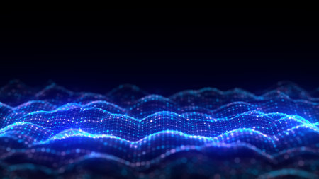 Music color wave of particles and lines. Big data visualization. Abstract blue background with a...