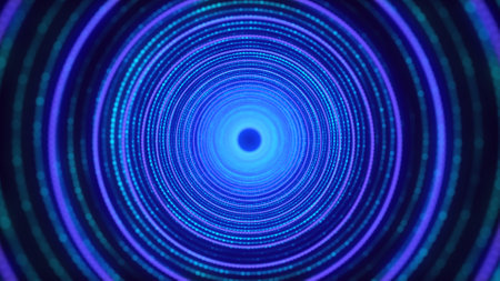 Abstract 3d portal. Circle tunnel or wormhole. Digital background with connected blue dots and...