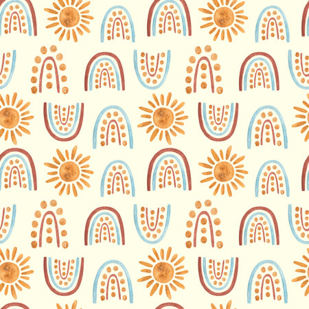 Seamless watercolor drawing in a children's boho style with a rainbow and the sun. A set of prints...