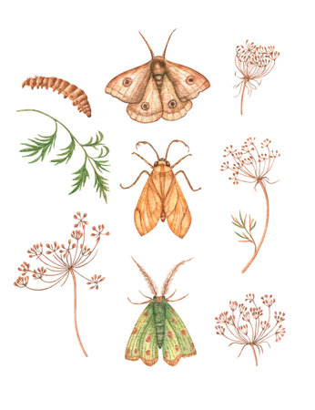 Watercolor colorful vintage butterflies, insects, isolated on white background. Set of watercolor butterflies colors green, brown, orange.の写真素材