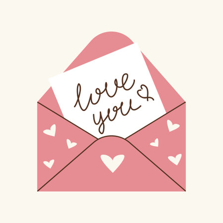A postcard in an envelope with a declaration of love, handwriting, congratulations on Valentine's Day, wedding, design element.のイラスト素材