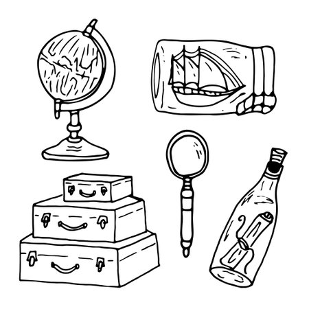 A set of hand-drawn travelers objects. Globe, magnifying glass, luggage, souvenir, ship, letter in a bottle. Travel, sea adventure, pirates, a set of line drawings.のイラスト素材