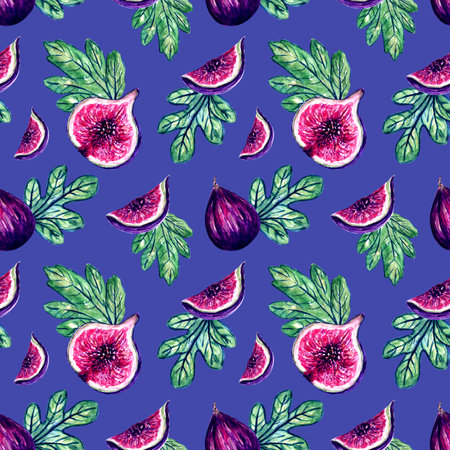 Bright watercolor pattern with fig fruits, juicy purple, red fruits with green foliage. Seamless pattern for summer prints, textiles, kitchen fabric.の写真素材