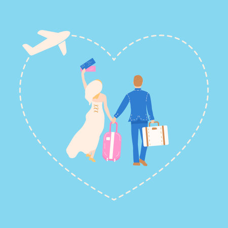 The newlyweds go on their honeymoon by plane with their luggage. Vector illustration for the design of holiday cards and wedding invitations.のイラスト素材