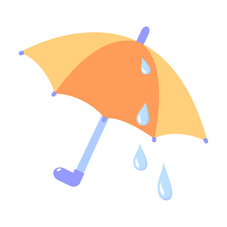 A bright orange umbrella dripping with large raindrops. A sunny illustration welcoming spring. The rain has stopped, and the water is running down the umbrella. Hand-drawn vector illustration.のイラスト素材