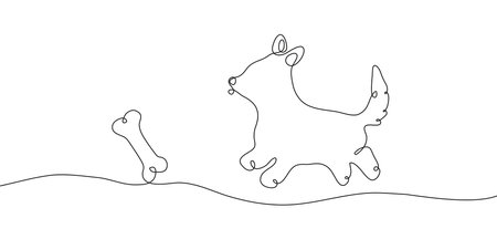 Silhouette of a corgi dog in the style of drawing a continuous line. A puppy runs after a bone, horizontal minimalistic banner. Vector illustration for advertising a dog school, veterinary, pet food.のイラスト素材