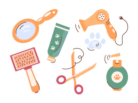 A set of cosmetics for pet care. Hair dryer, scissors, shampoo, mirror, brush, cream. Beauty salon tools and cosmetics for animals, haircuts, washing, grooming. Vector illustrationsのイラスト素材