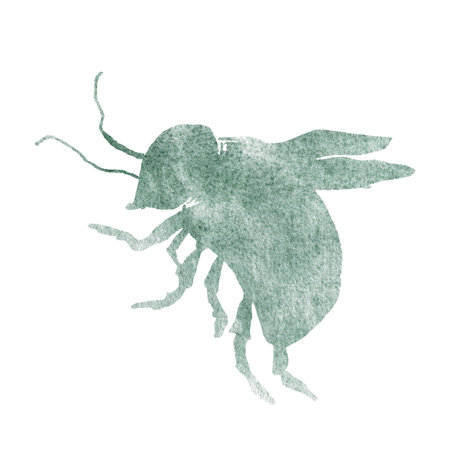 A watercolor bee in a green paint gradient. Abstract silhouette of a bee with wings for making postcards, prints. Watercolor paint spots.の写真素材