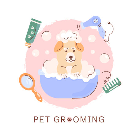 Pet care, dog grooming. A cute dog bathes in a bubble bath, a set of accessories for pet care, a hair dryer, a cream, a mirror, a brush. Cosmetic products for animals, for branding, banners, postcardsのイラスト素材