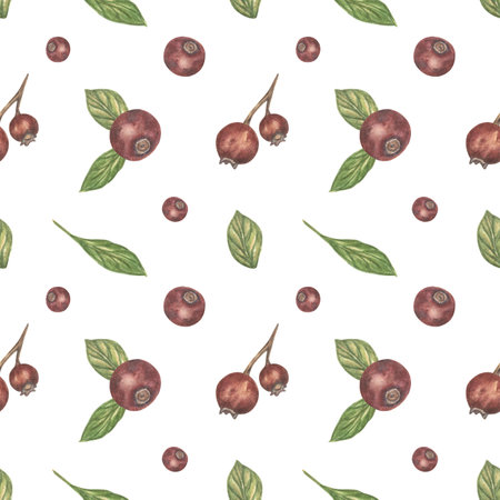 Seamless pattern with Blueberries, cranberries and green leaves in vintage style. Decorative Berry...