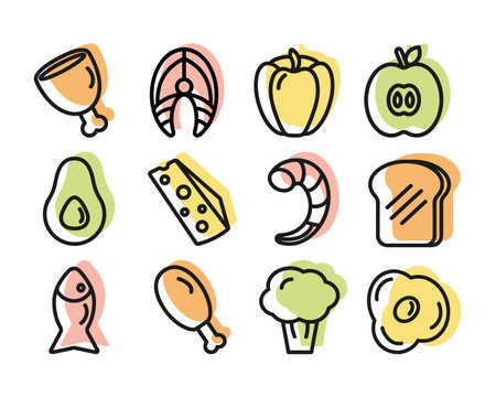 Vector icons of healthy food in linear style, colorful. Fish, meat, chicken, fruits and vegetables, for designing an app, menu, cooking blog, website.のイラスト素材
