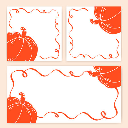 Collection of Thanksgiving templates with space for text. Square banners with hand-drawn pumpkins and a calligraphy frame. Cute backgrounds for postcards, invitations, notes, recipe books, menus.のイラスト素材
