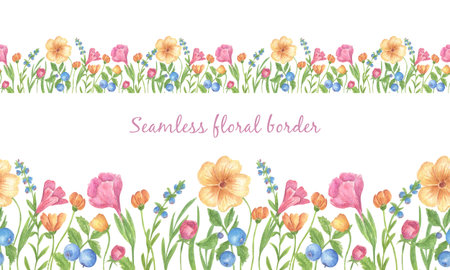 Seamless border with bright summer violets, pink roses, blueberries, and greenery. Watercolor floral pattern for textiles, postcards, stationery, wedding invitations, adhesive tape, tumbler wrappers.の写真素材