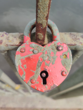 A heart-shaped lock, painted in a faded red color, is fixed on the old, rusty bridge railing. The...