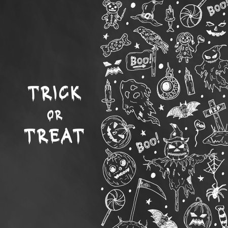 Black and white background for Halloween with images of pumpkins, ghosts, a scarecrow, birds, toys, and sweets. Hand-drawn outlines. Blank with space for text. Halloween template.のイラスト素材