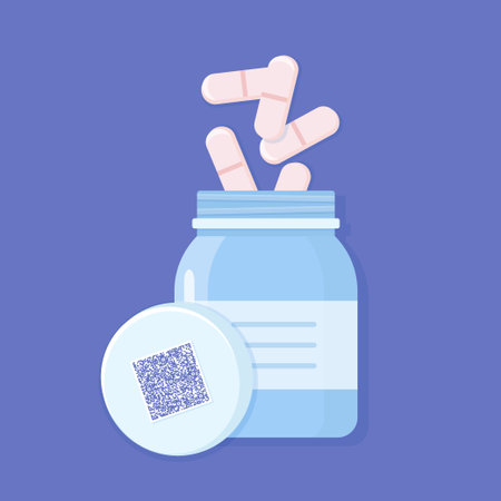 An open bottle with a QR code for tracking medication information. A medical container with pills for illnesses, vitamins, and antibiotics. Prescription medications in pharmaceutical packaging.のイラスト素材