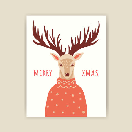 Hand-drawn Christmas portrait of a reindeer in a red knitted sweater. Festive print with a cute animal for New Year decor. Ready-made postcard in a minimalist style.のイラスト素材